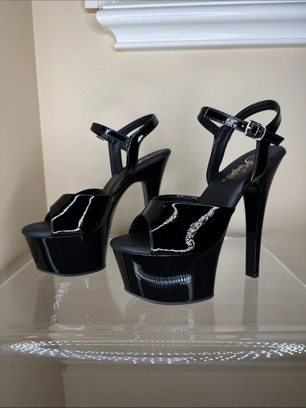 Pleaser Black Patent Platform Peep-Toe Ankle Strap Heels